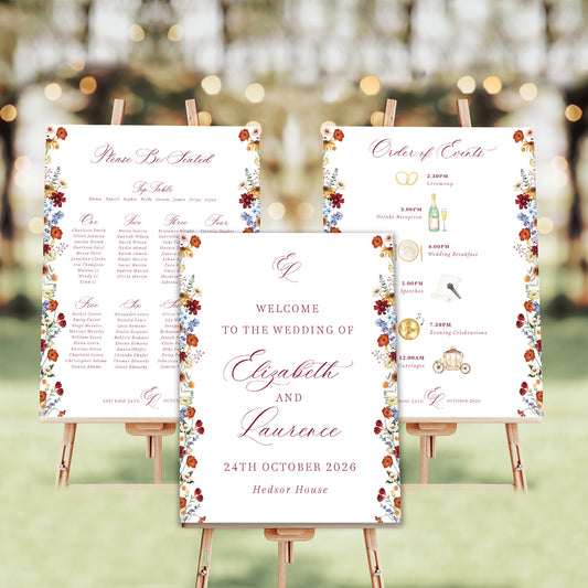 autumn wildflower wedding sign bundle deep red, burnt orange, mustard and cornflower blue welcome sign table plan order of events