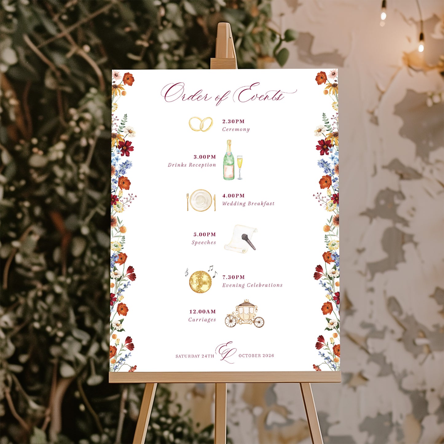 order of events wedding sign autumnal flowers orange blue