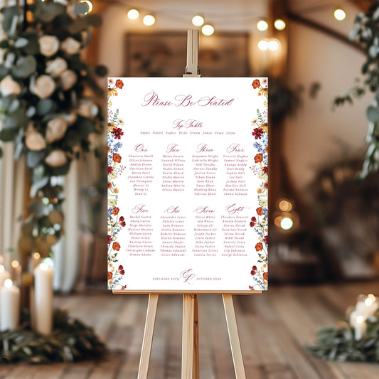 wedding table plan sign autumnal wildflowers burgundy burnt orange
