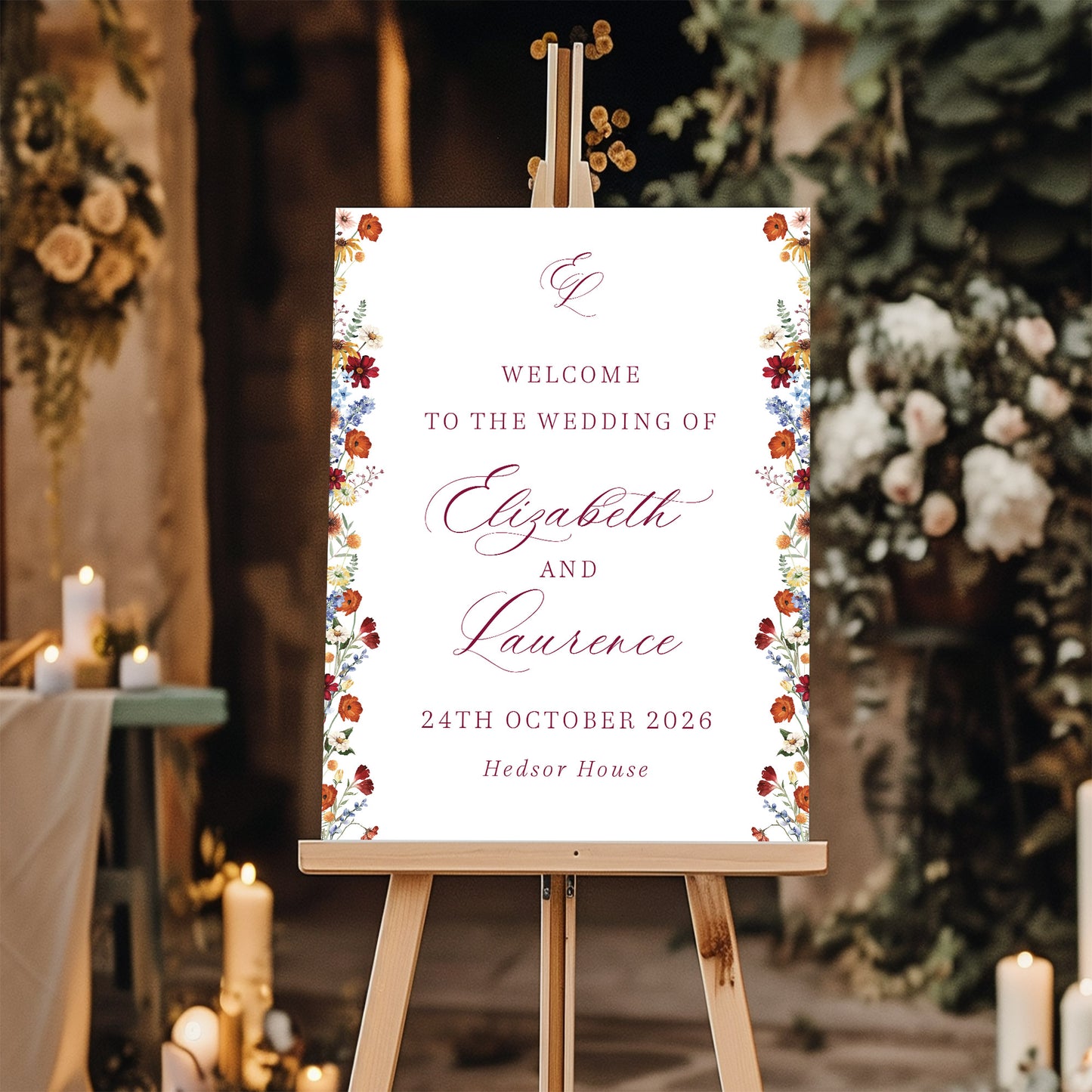 autumnal wedding welcome sign urgundy cornflower blue wildflowers
