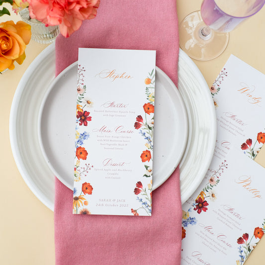 floral illustrated wedding menu urgundy, burnt orange, mustard, blue, earth tones