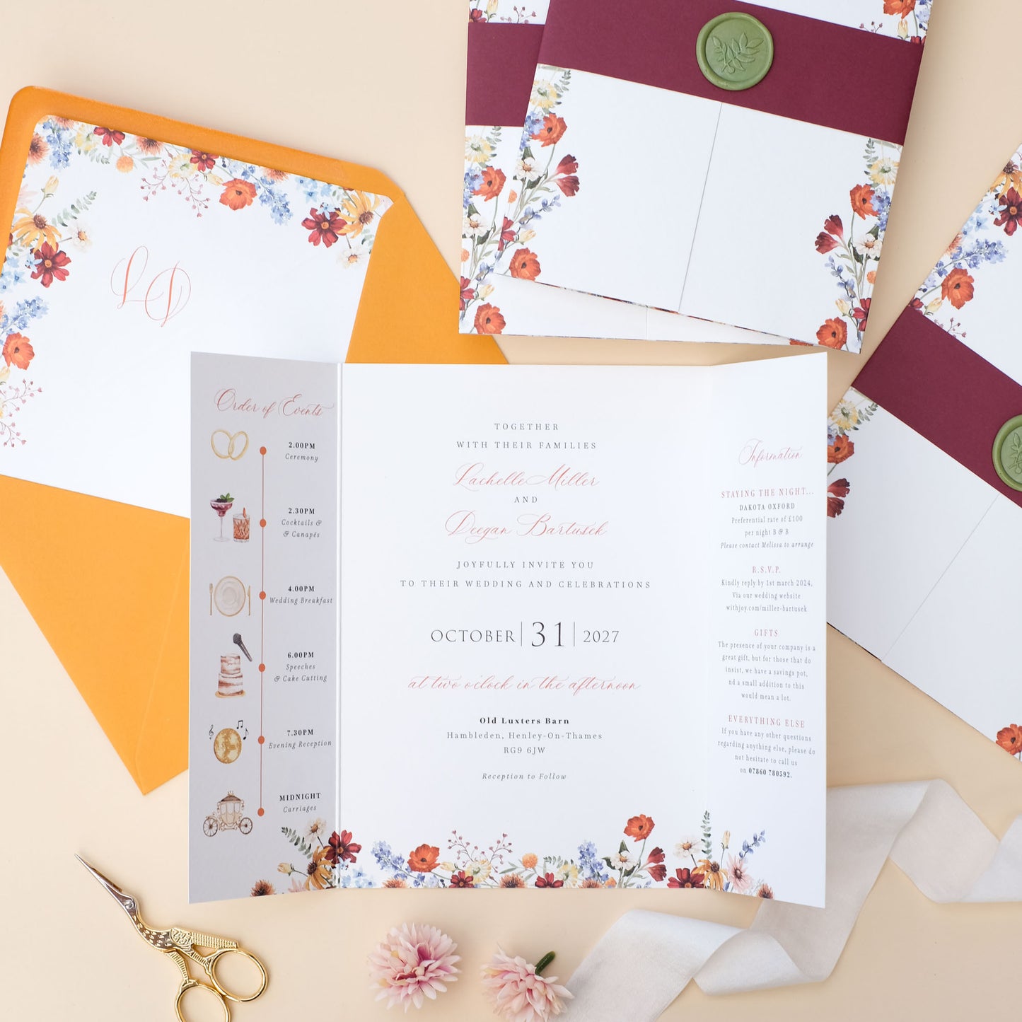 autumn wedding invitation with wildflowers and wax seal
