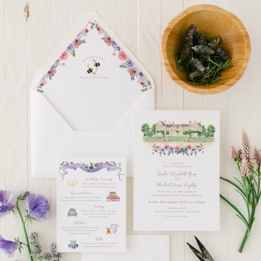 lavender wedding invitation set with custom venue illustration and envelope liner