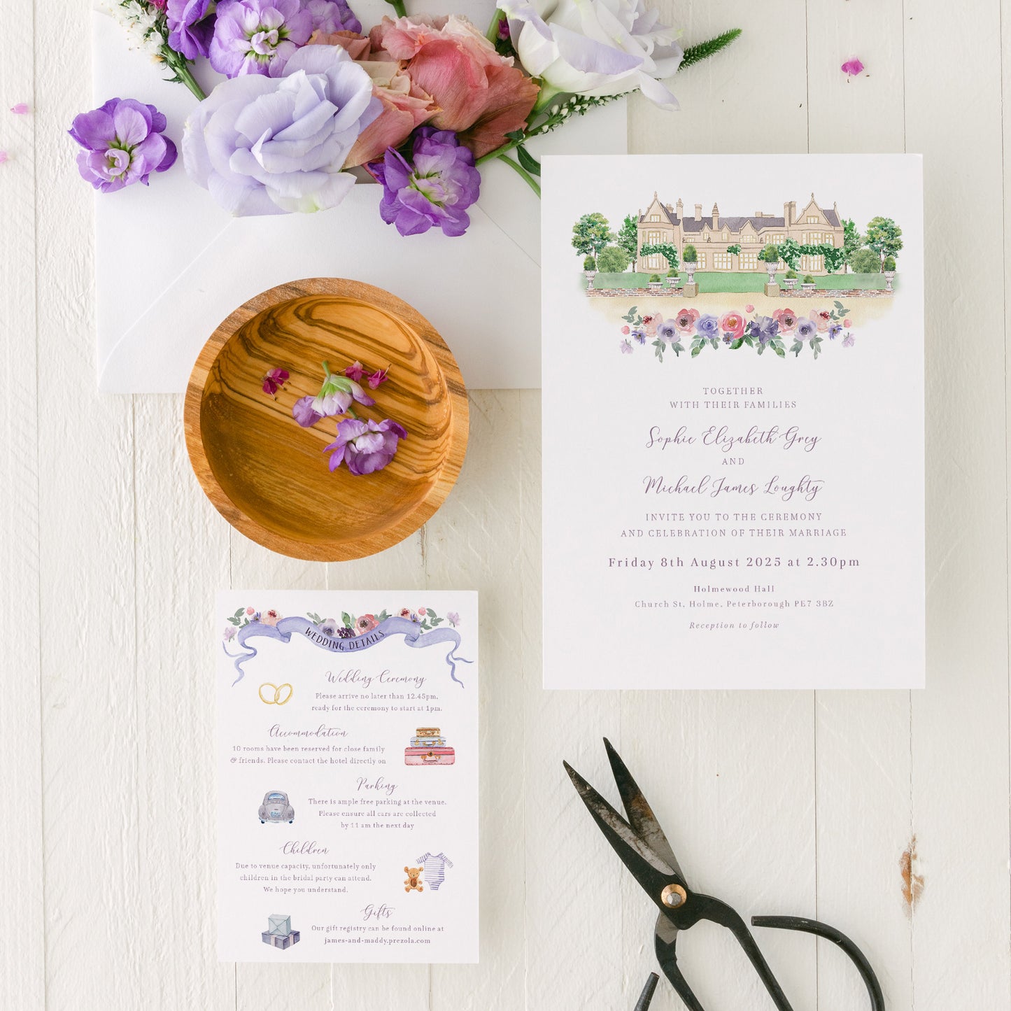 lavender wedding invitation set with custom venue illustration and envelope liner