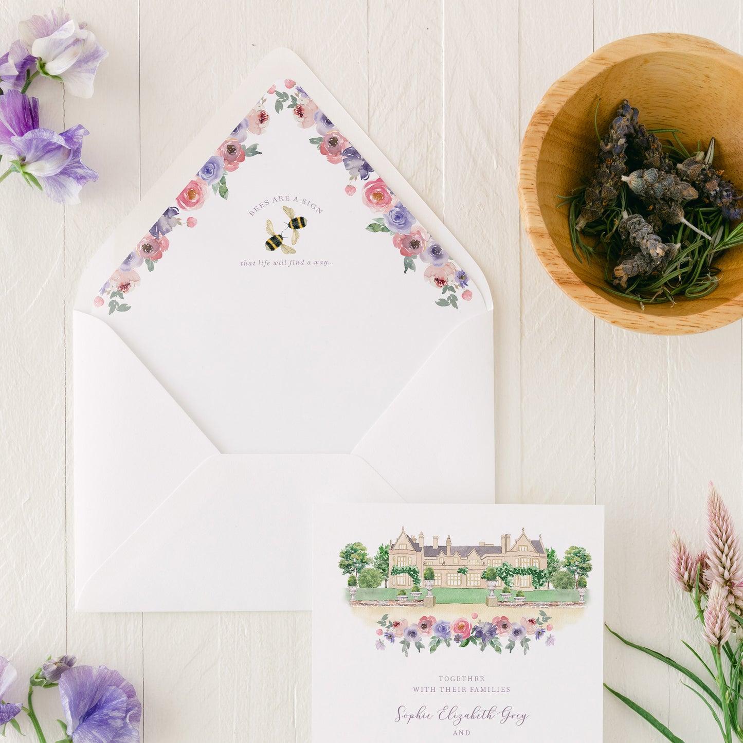 lavender wedding invitation set with custom venue illustration and envelope liner