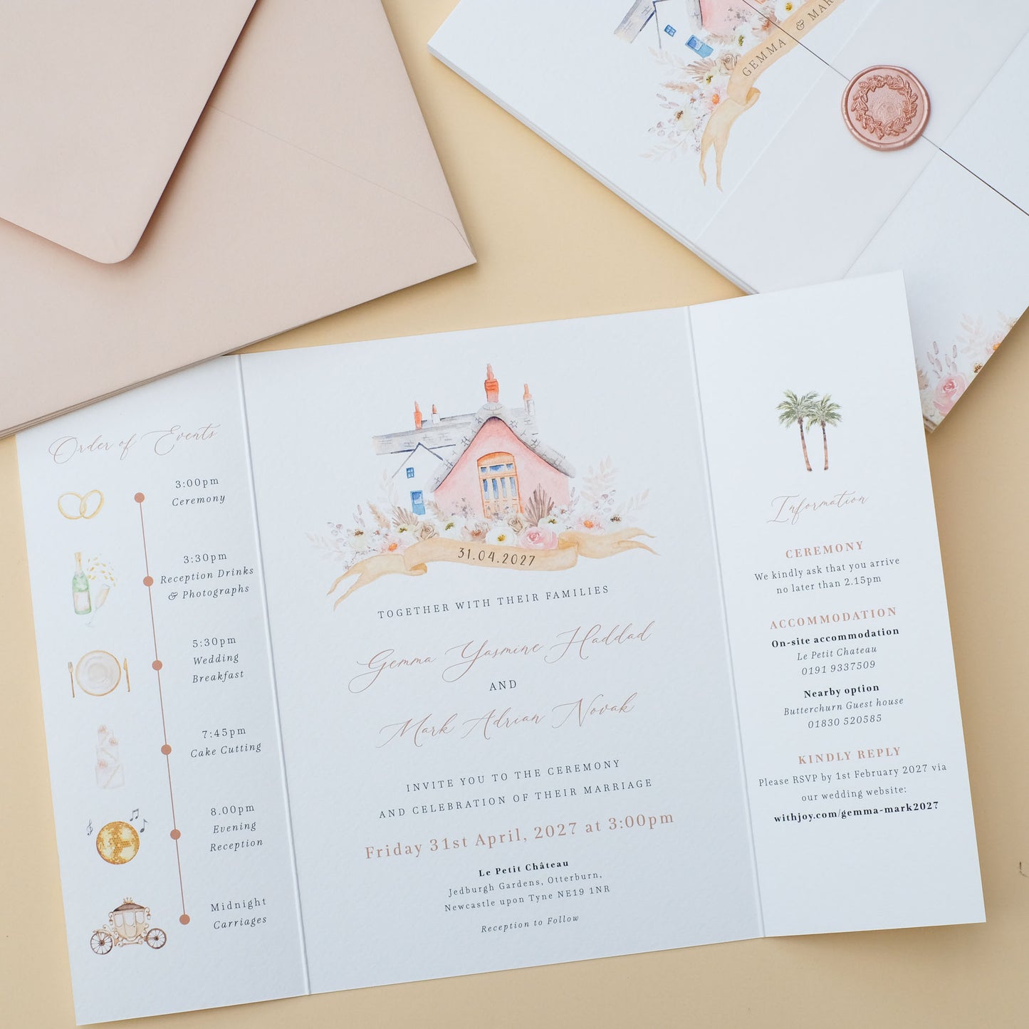 Le petit chateau wedding invitations, Northumberland