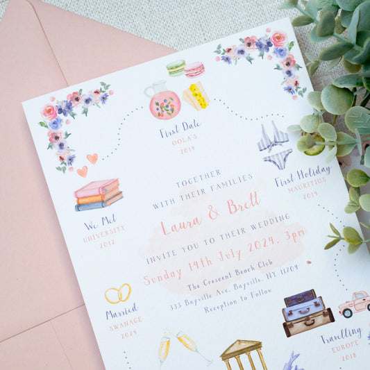 Love story wedding invitation with hand painted watercolour illustrations in lilac colour scheme