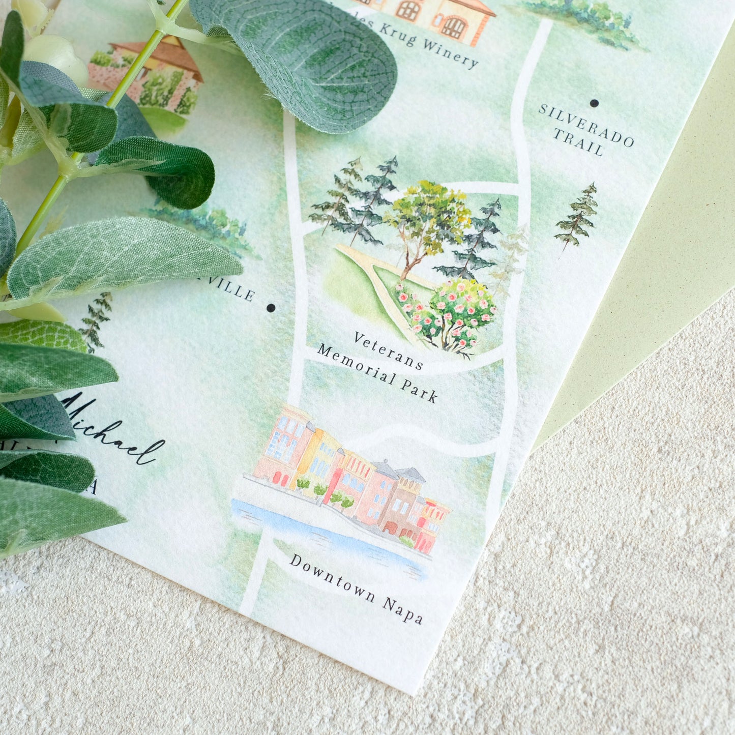 Napa Valley Watercolour Wedding Map