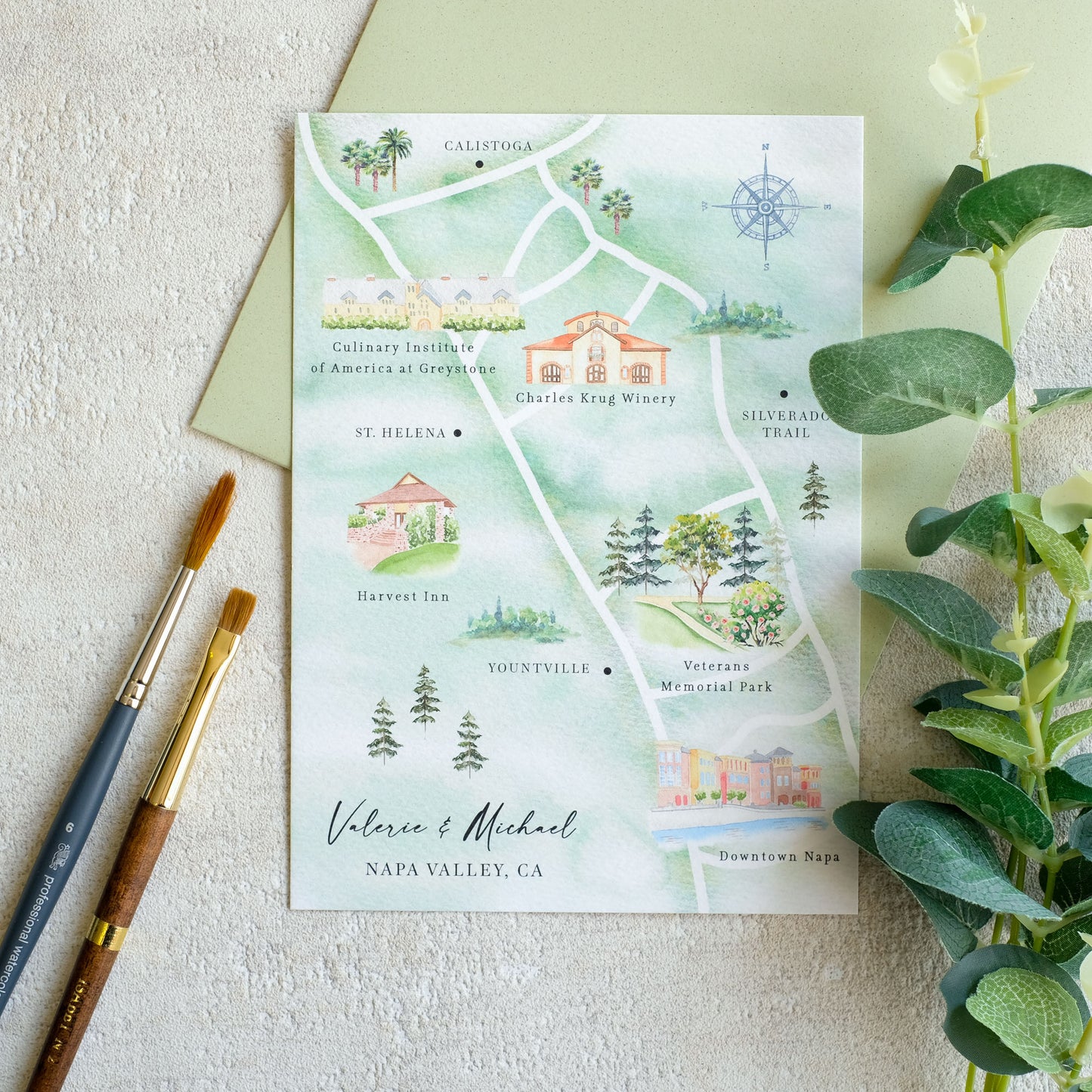 Napa Valley Watercolour Wedding Map