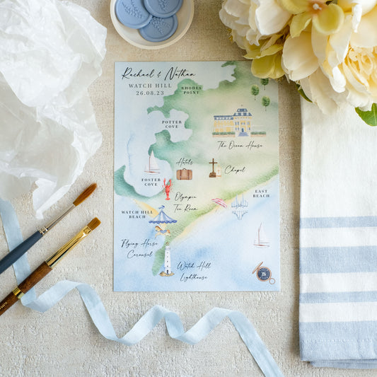 Custom watercolour wedding map of watch hill, coastal wedding venue