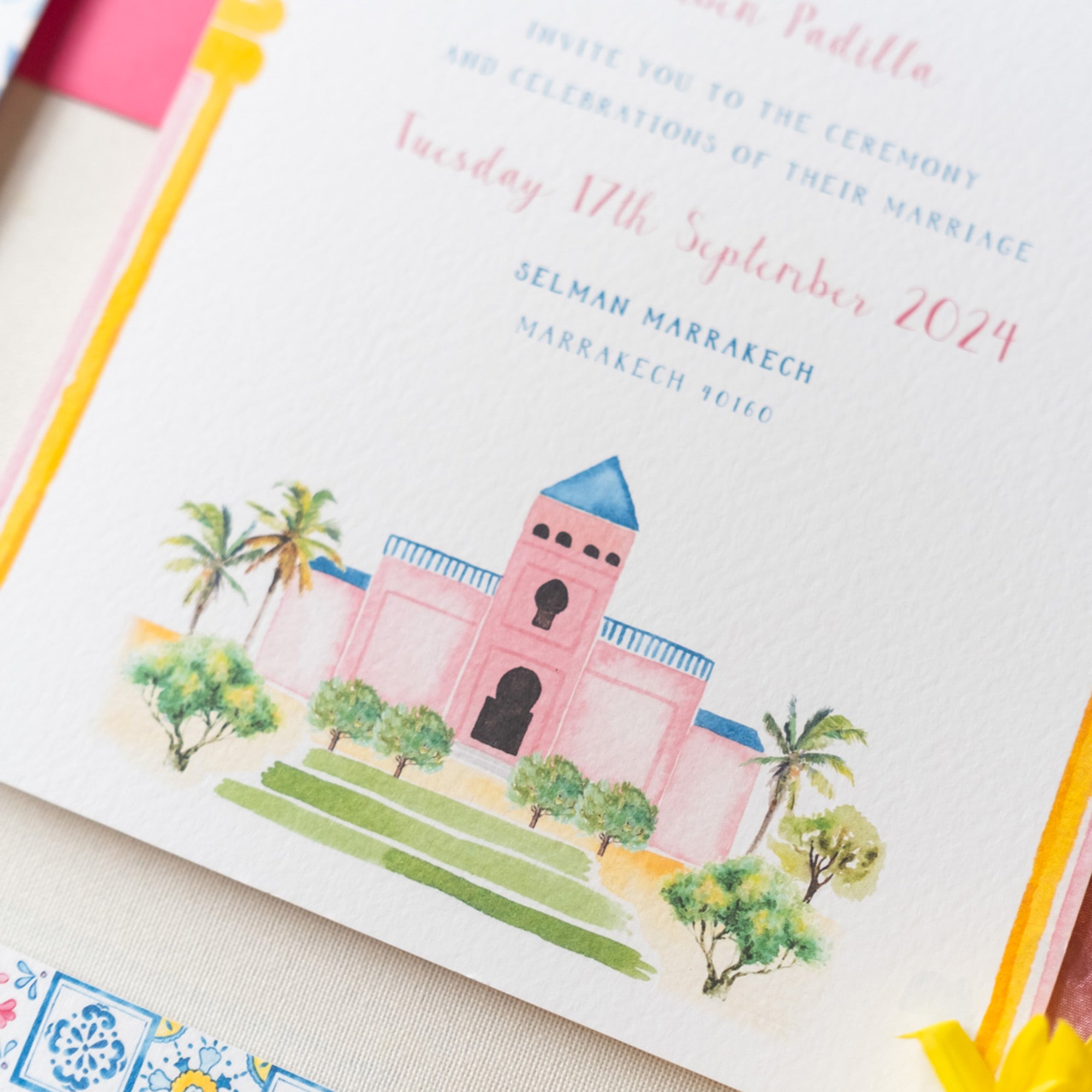 Moroccan Wedding Invitation with custom venue illustration 