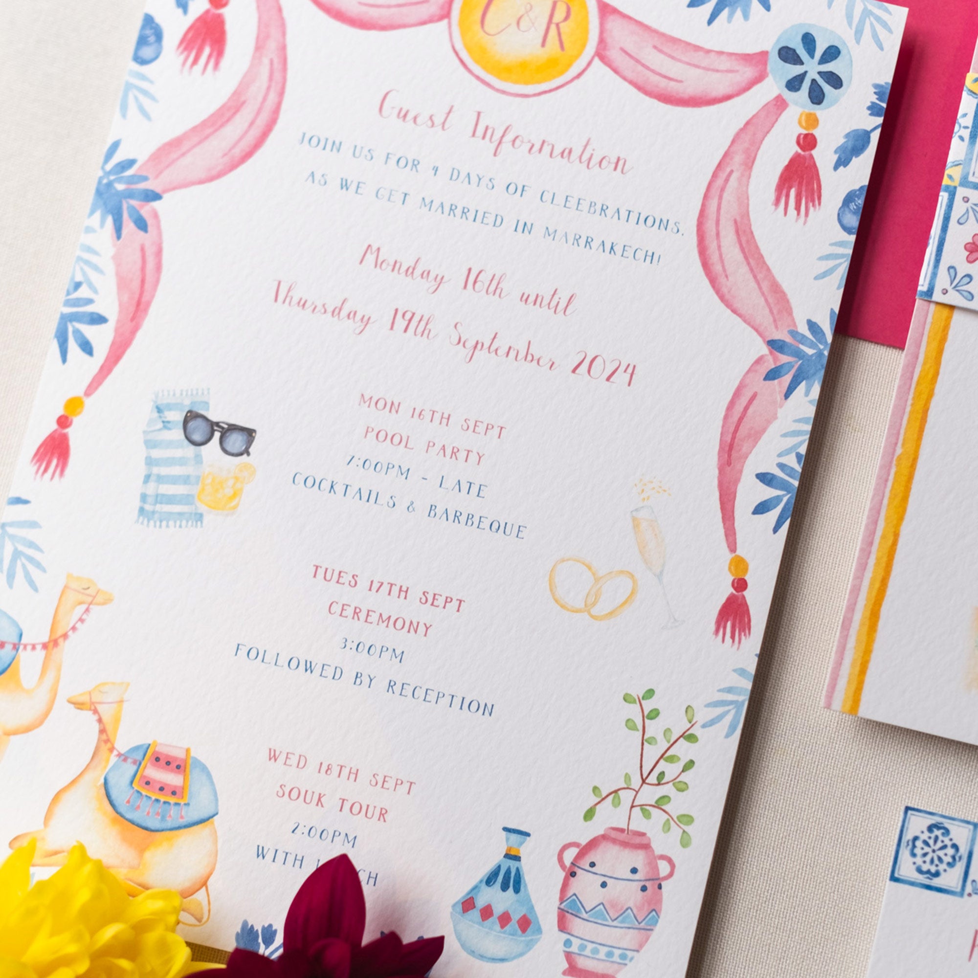 Moroccan Guest Information card with watercolour illustrations