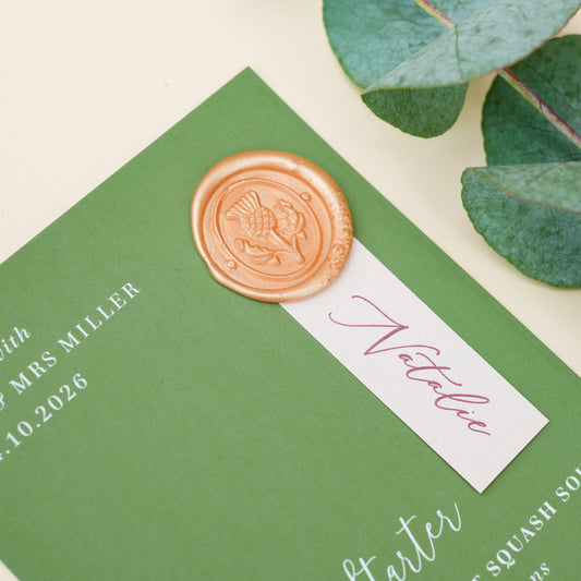 moss green wedding menu with personalised guest name