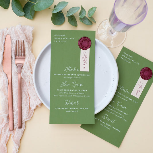 moss green wedding menu placecard keepsake with guest name