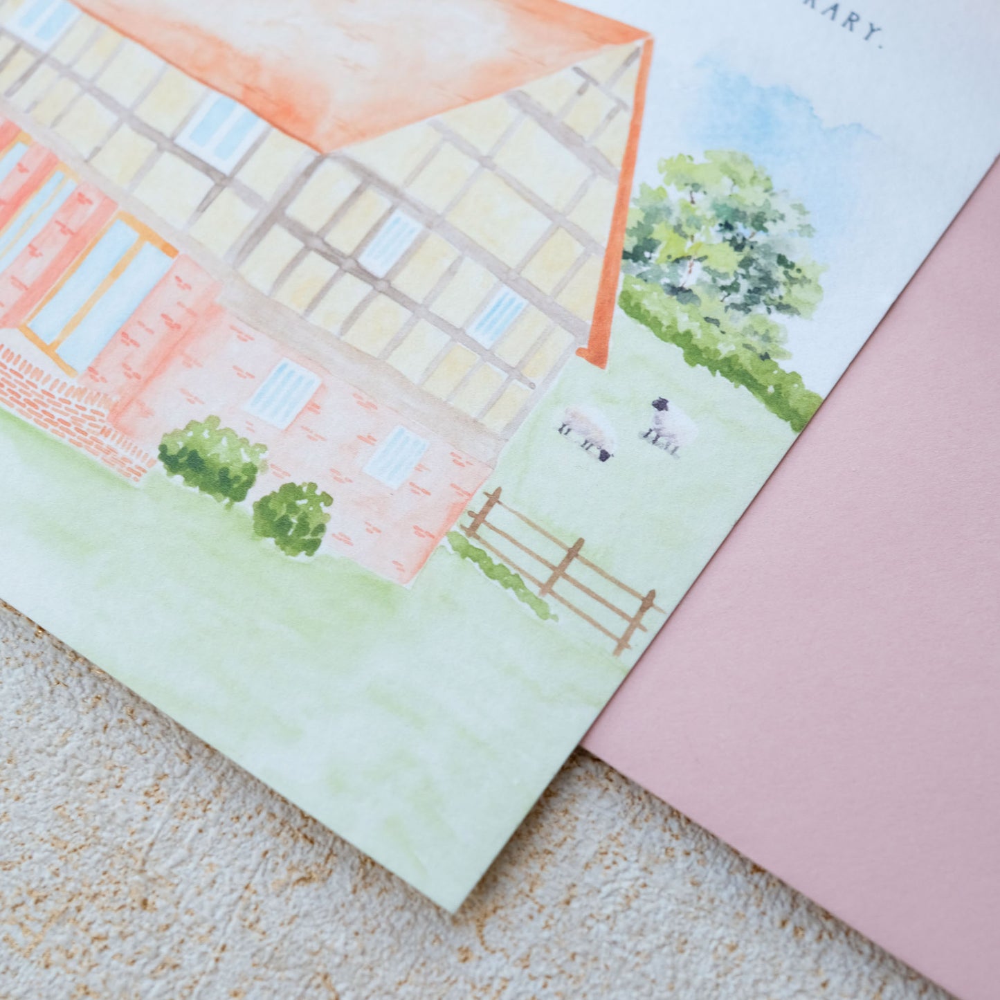 Oak Frame Farm wedding invitations with hand painted illustrations