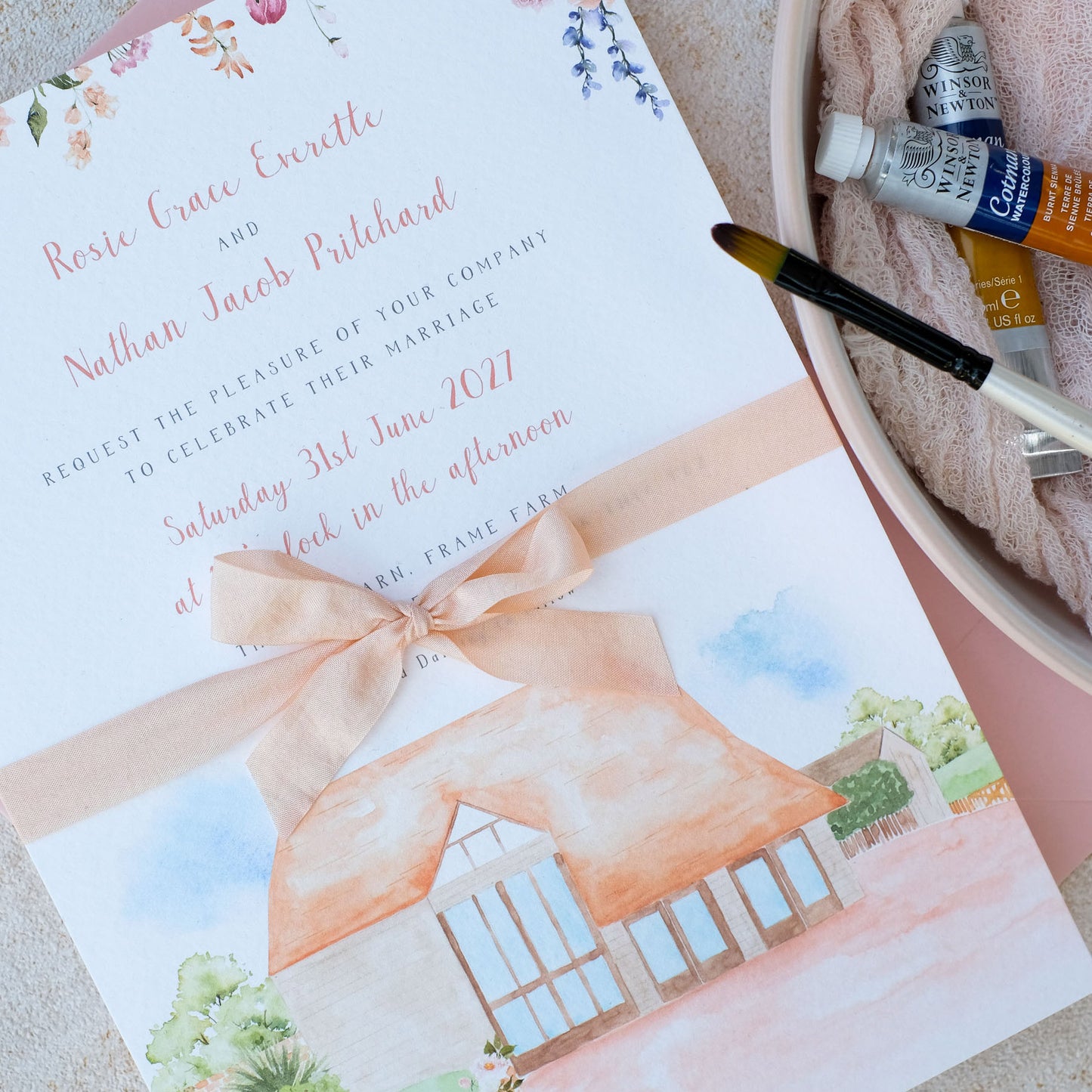 Oak Frame Farm wedding invitations with hand painted illustrations