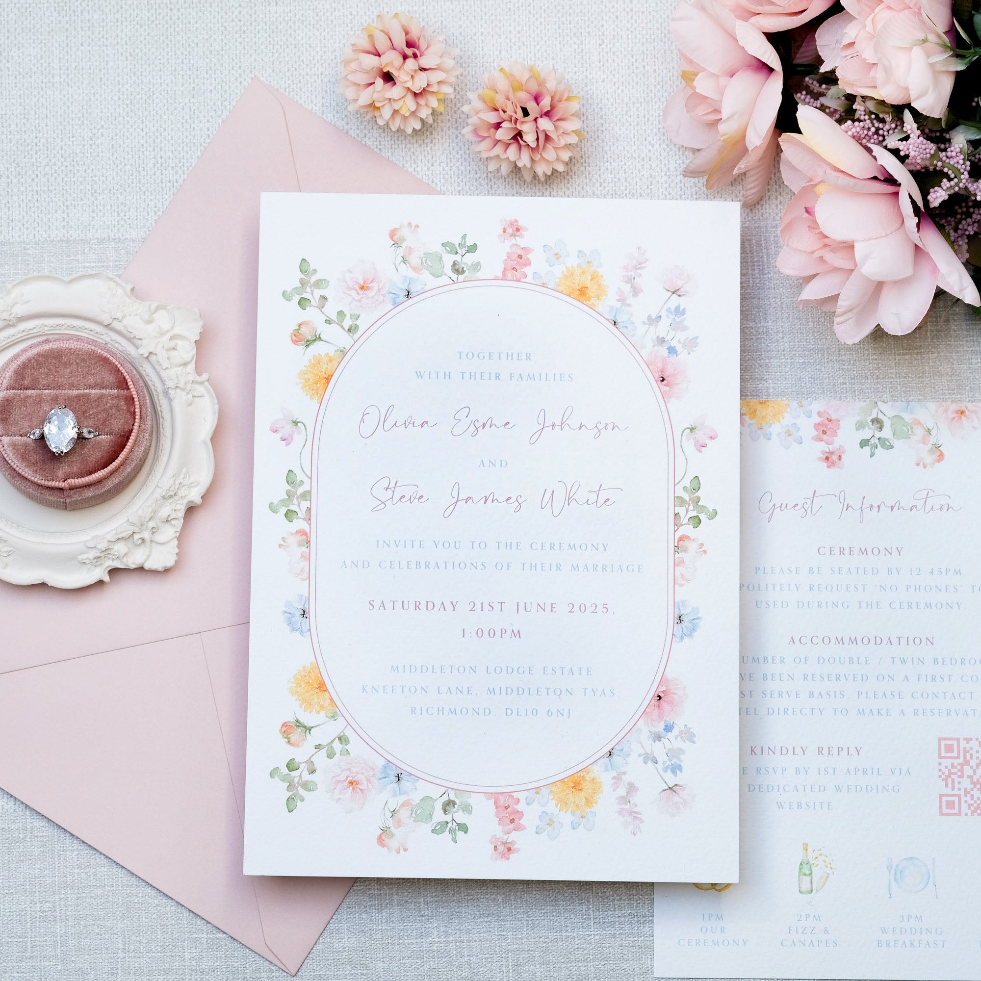 Wedding invitation with illustrated wildflower border, delicate flowers in pastel colours