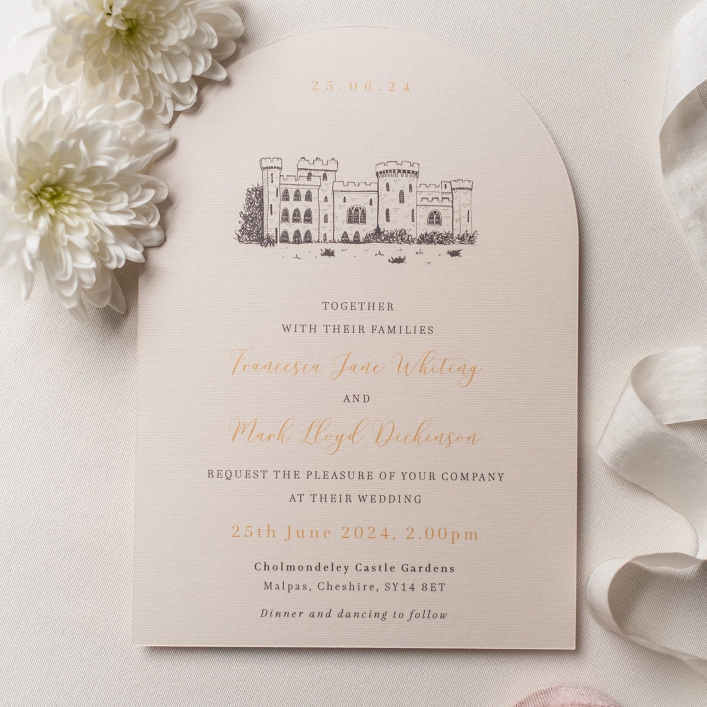 Opulent Arch Castle Wedding Invitation with custom venue illustration