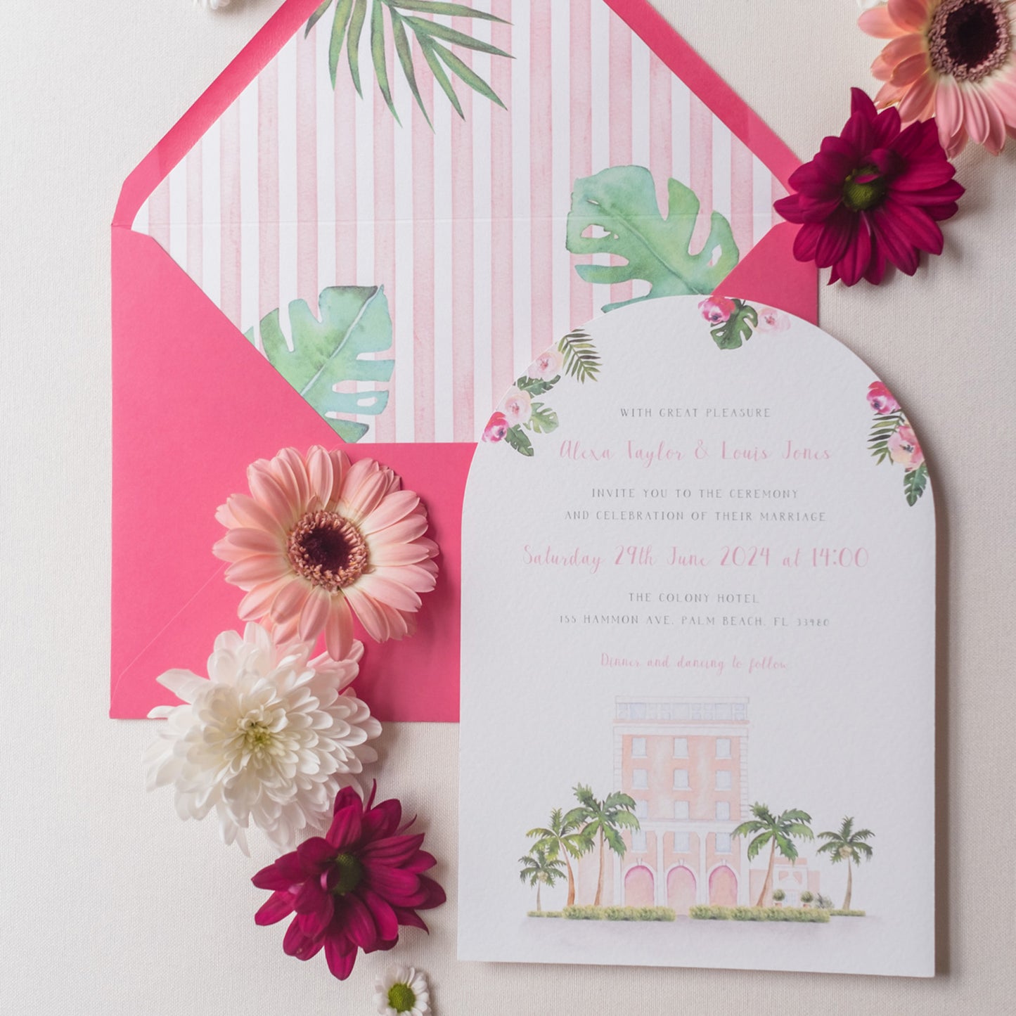 Palm Beach Wedding Invitation with envelope and envelope liner