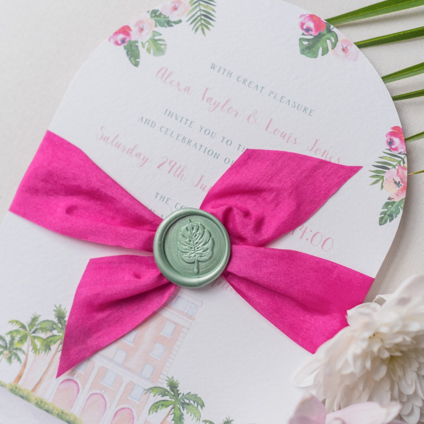 Palm Beach Wedding Invitation with ribbon and wax seal