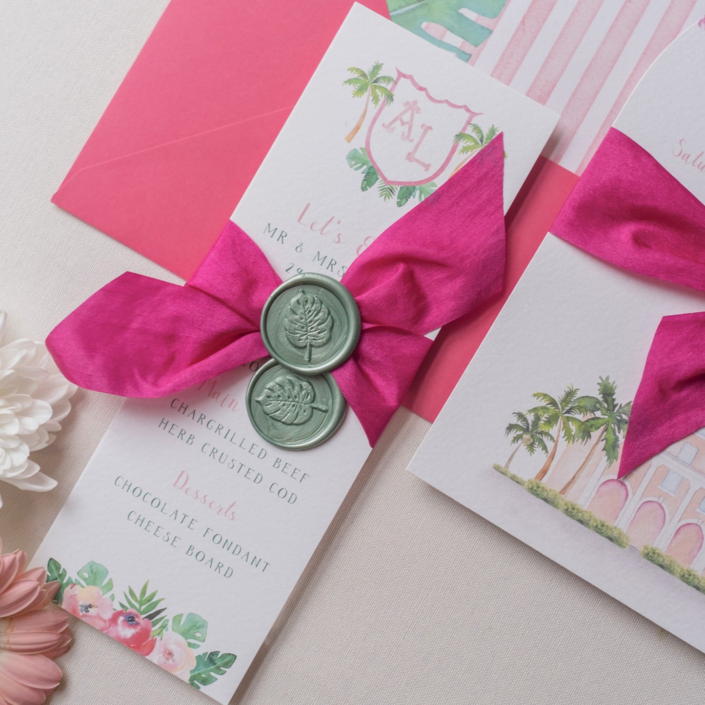 Palm Beach Wedding Menu with ribbon and wax seal