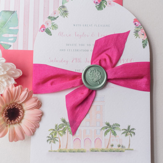 Palm Beach wedding invitation with ribbon and wax seal