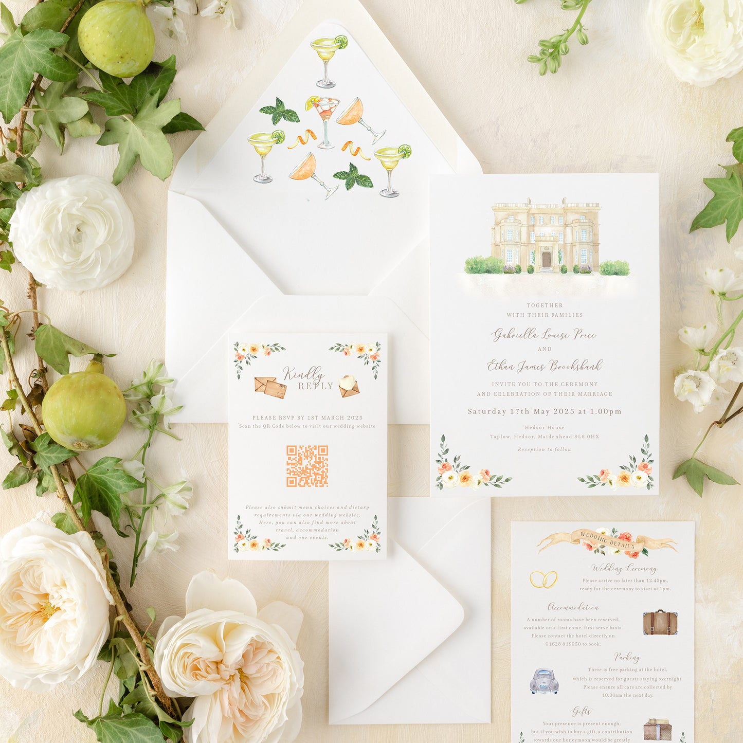 peach and cream floral wedding invite set