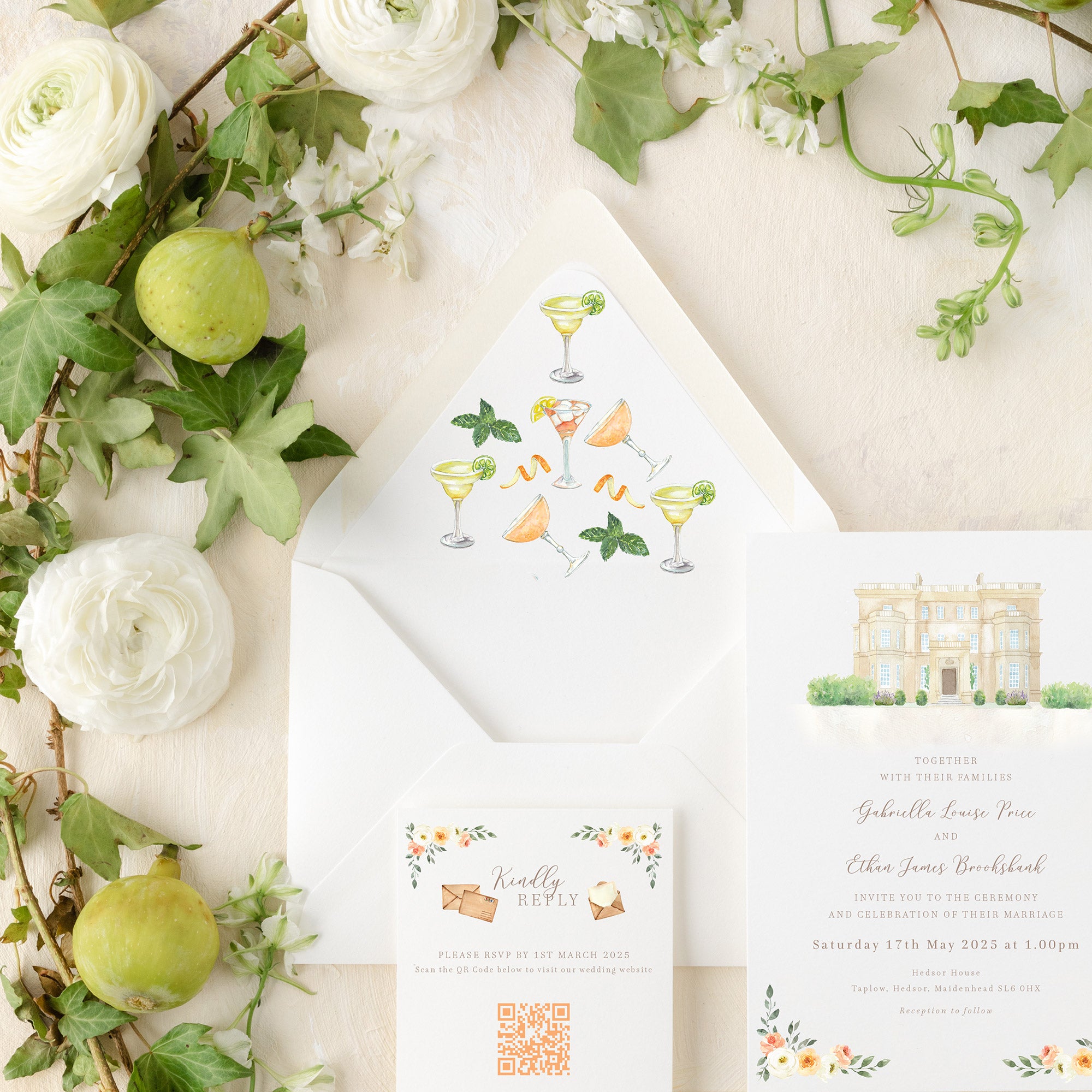 peach and cream printed signature cocktail envelope liner