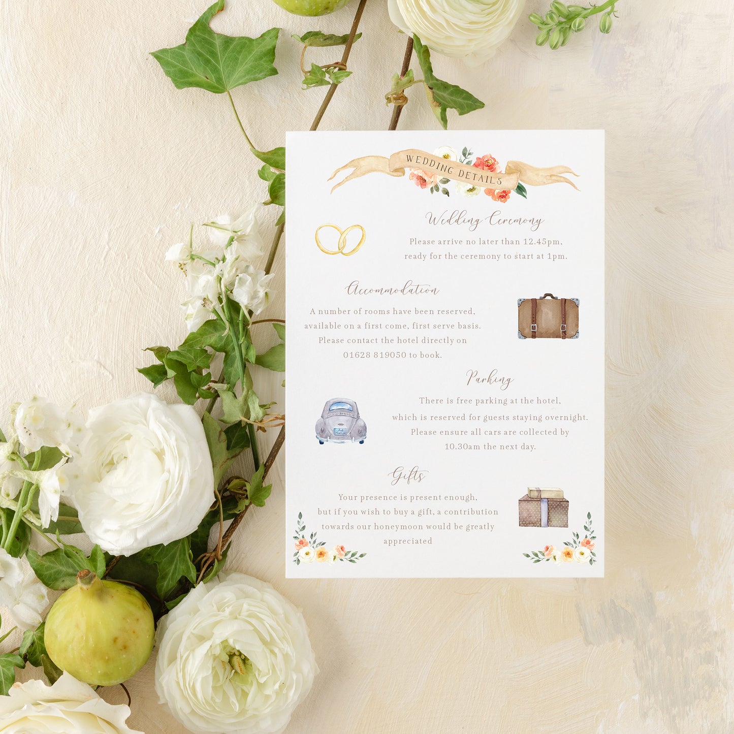 peach and cream wedding details card