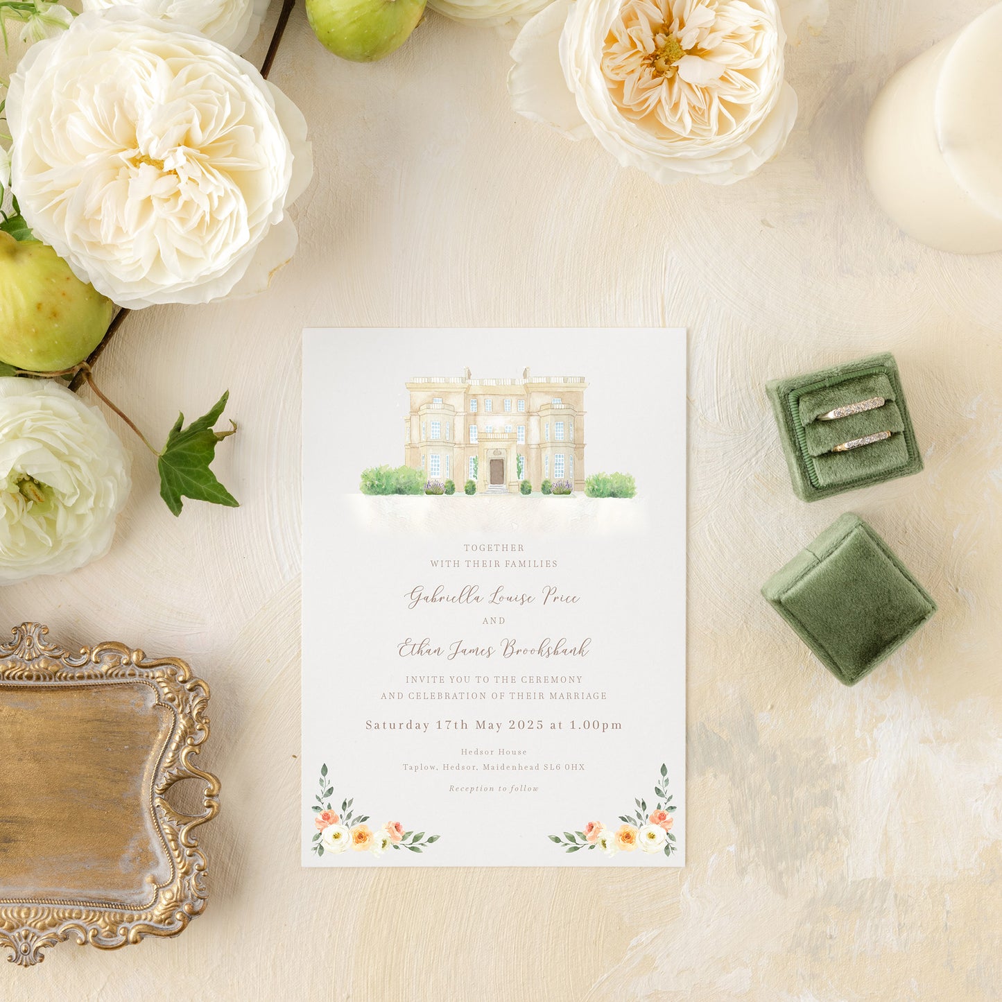 peach and cream invitations with watercolour illustration