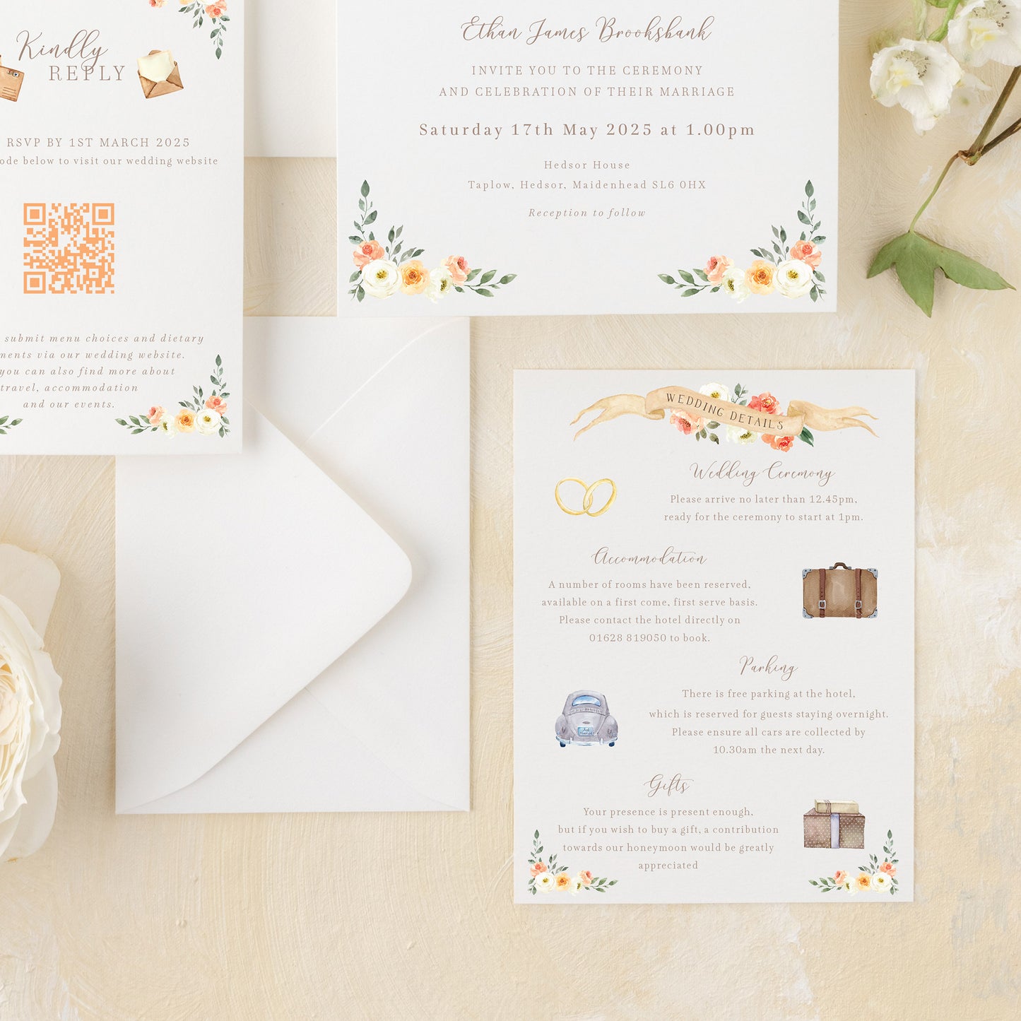 peach and cream wedding guest information card