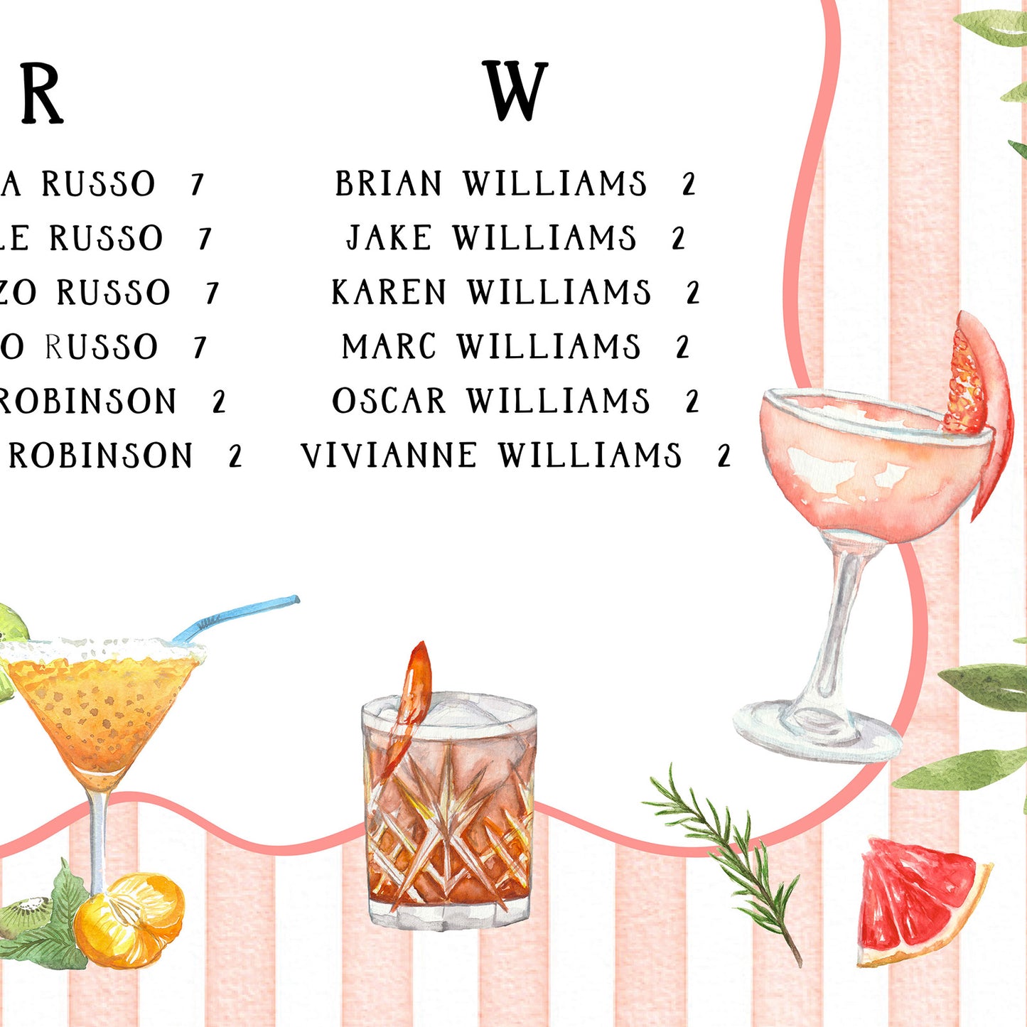 Cocktail themed wedding table plan with custom illustrations