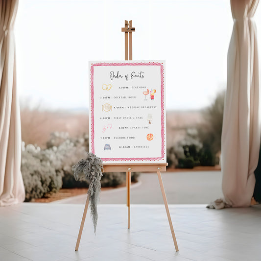 Pink illustrated order of events sign