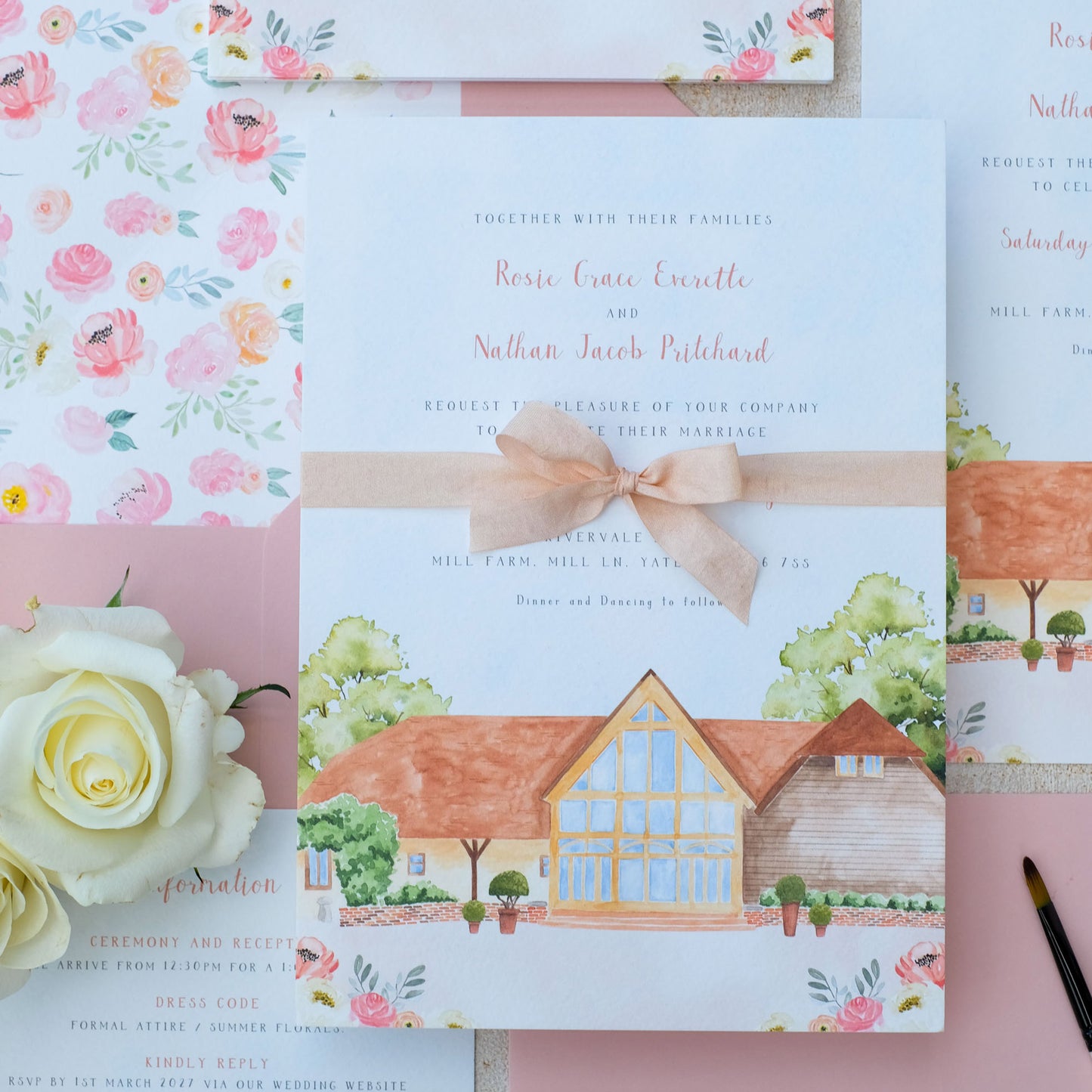 Rivervale barn wedding invitations with hand painted illustrations