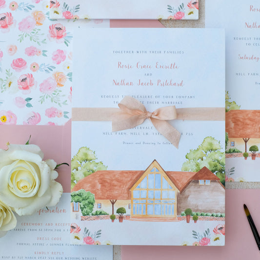 Rivervale barn wedding invitations with hand painted illustrations