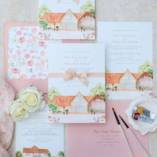 Rivervale barn wedding invitations with hand painted illustrations