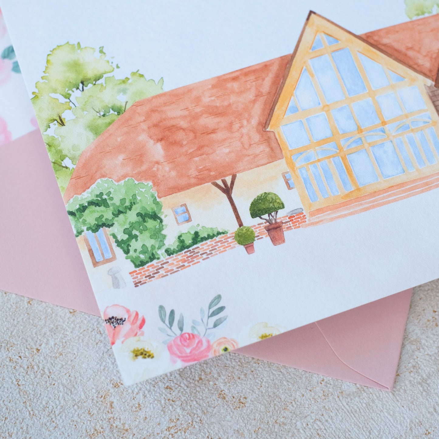 Rivervale barn wedding invitations with hand painted illustrations
