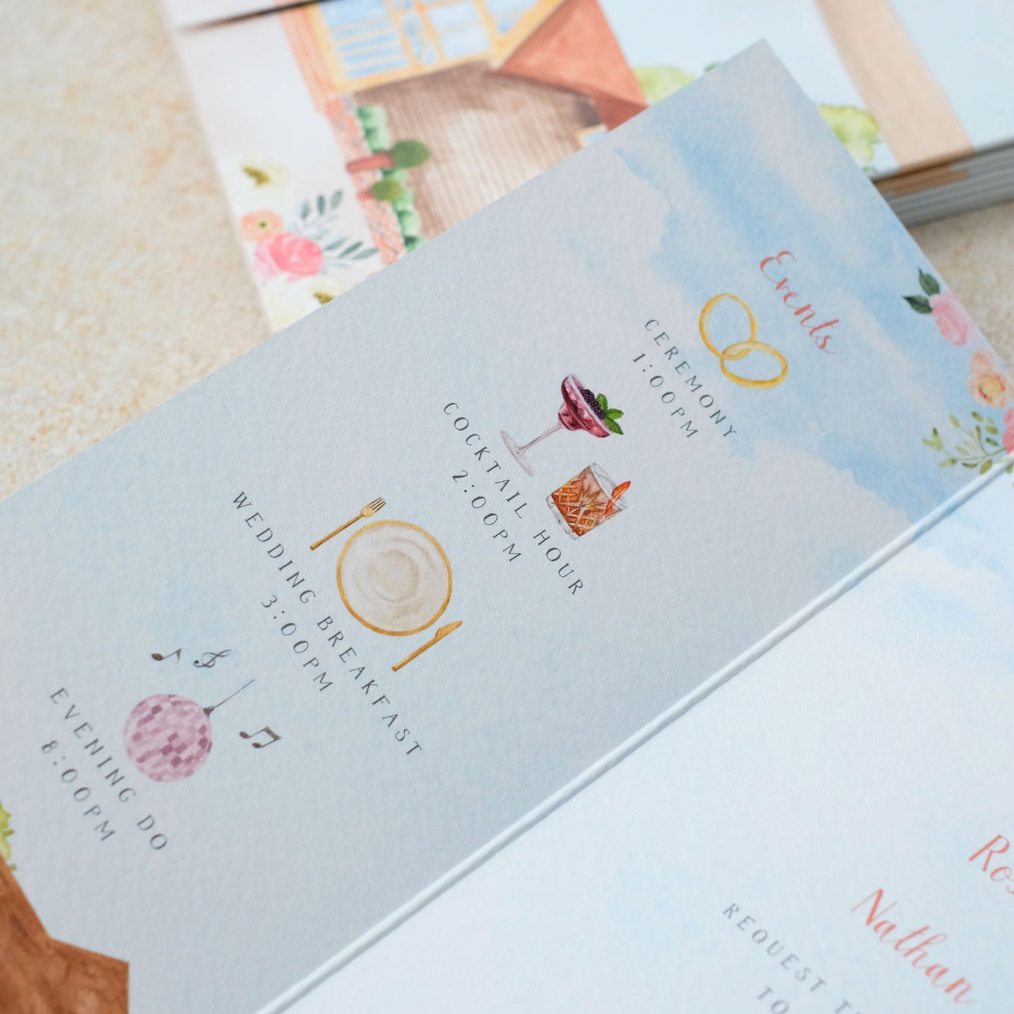 Barn wedding invitation with order of events