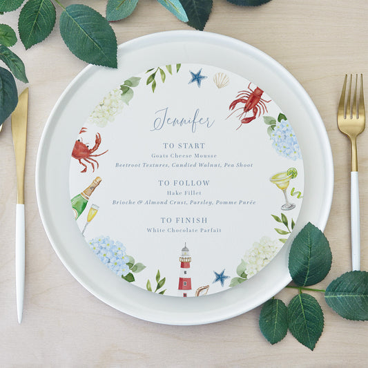 Circle round wedding menu with lobsters and blue hydrangeas