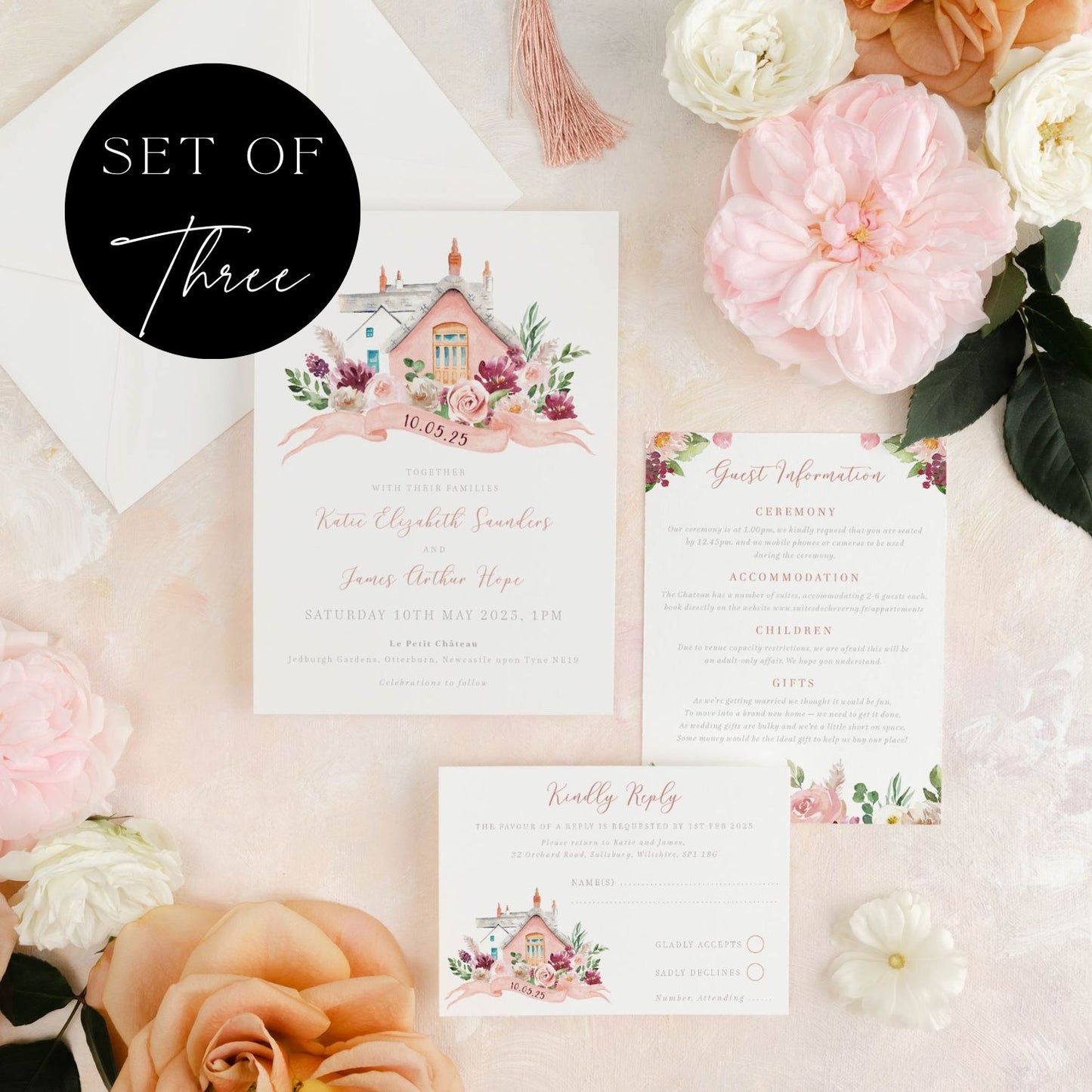 blush pink wedding invitation set of three