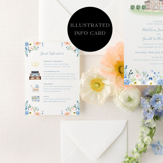 blue wildflower wedding details card