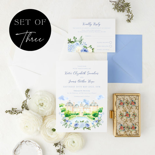 dusty blue hydrangea wedding stationery set with custom venue illustration