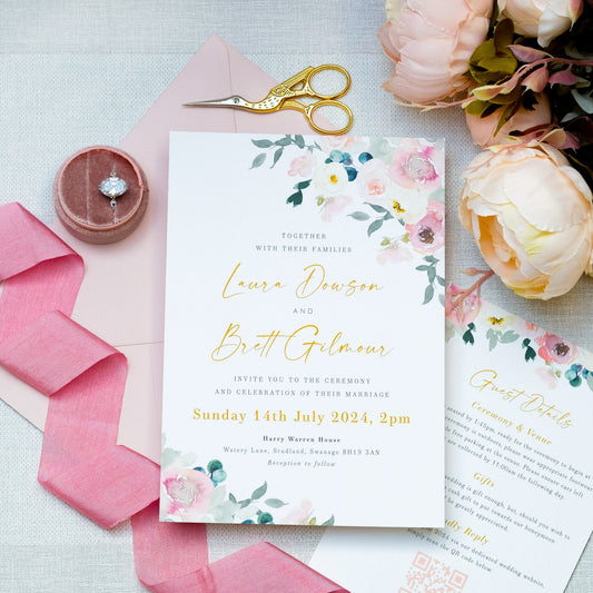 Floral watercolour wedding invitations personalised with guest names