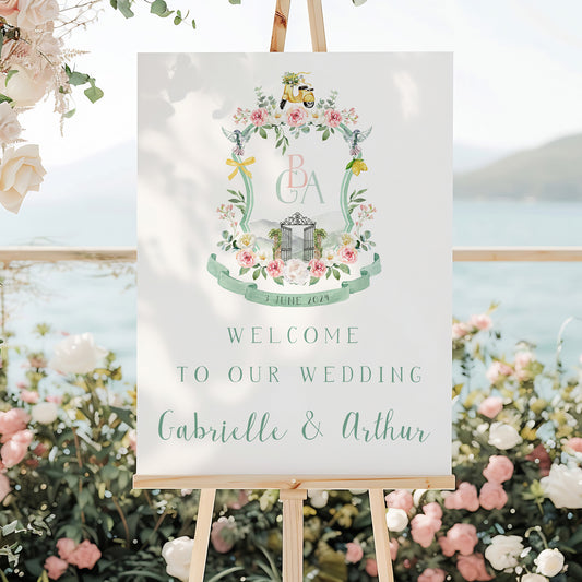 Wedding welcome sign with custom crest