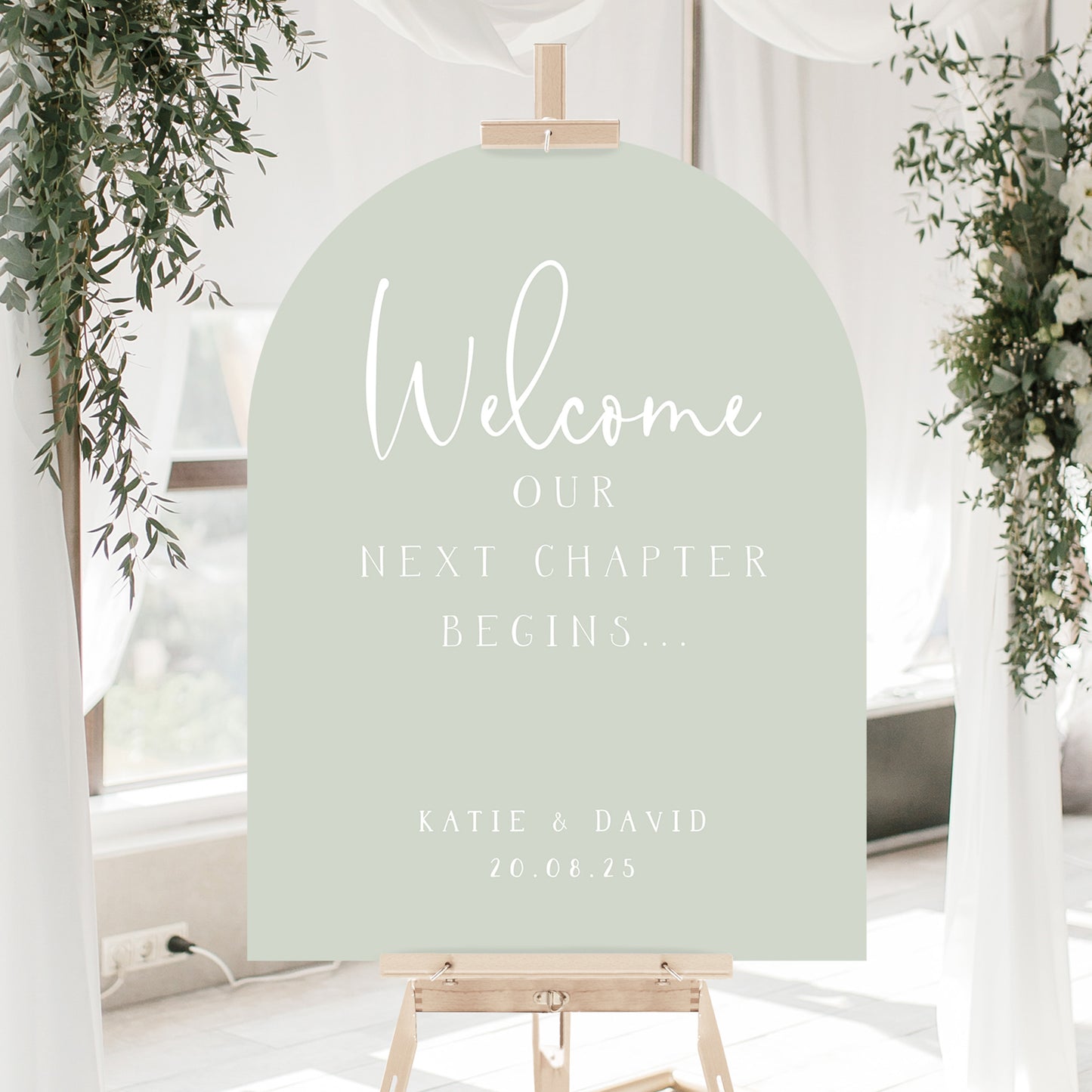 Sage green arched wedding sign with quote