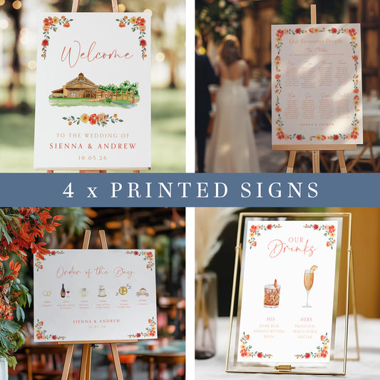 Autumnal wedding sign set with orange, terracotta and peach florals, includes wedding welcome sign, table plan, order of the day, and signature cocktail menu
