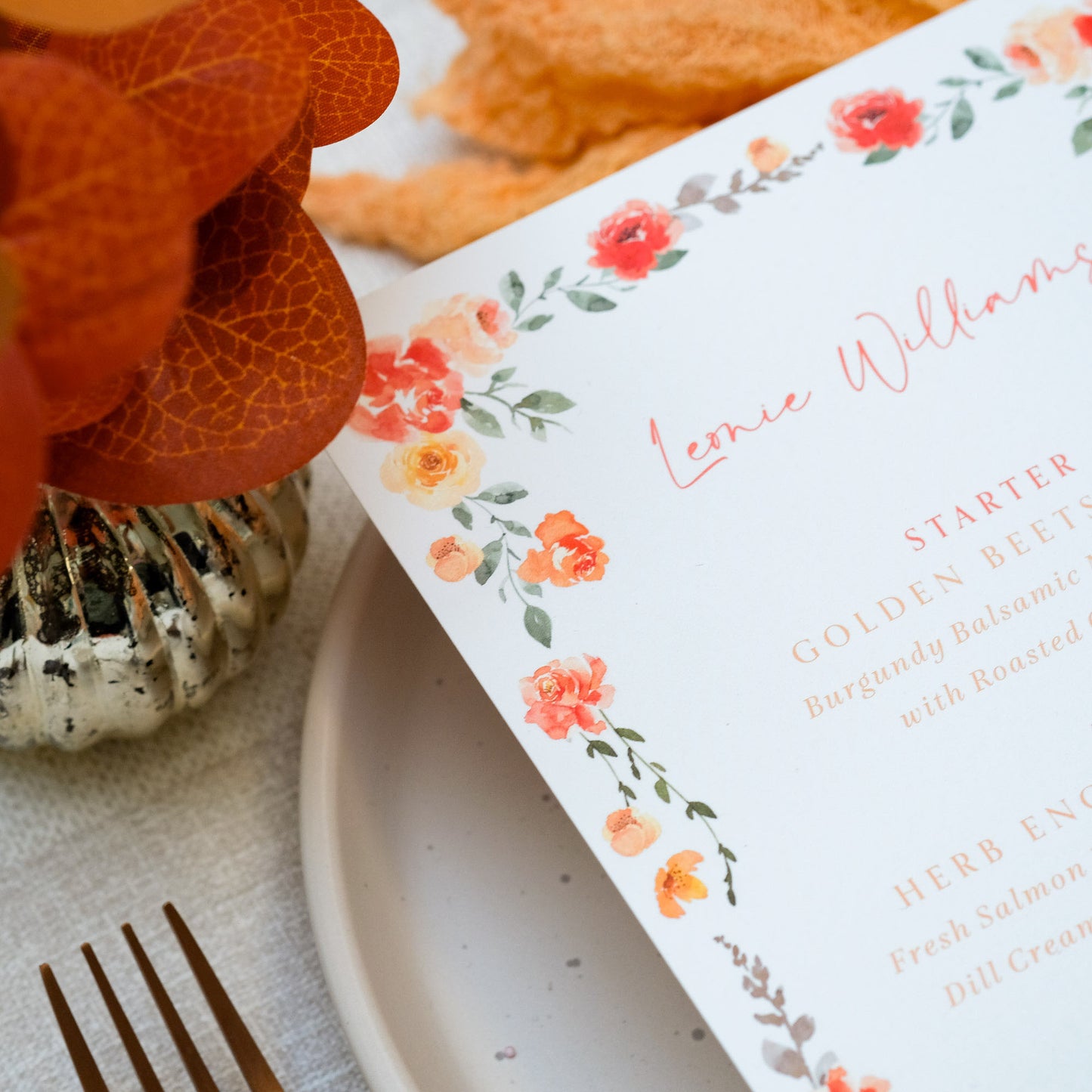 Burnt Orange Floral Wedding Menu with Guest Name