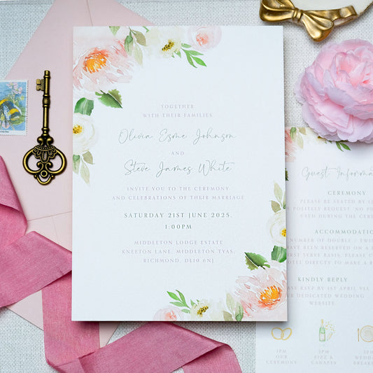 floral wedding invitation with pink blush watercolour peonies in painterly style