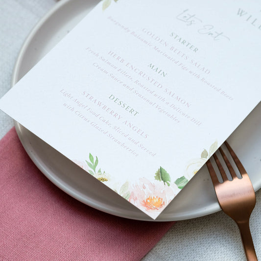 Wedding menu with peony floral illustration