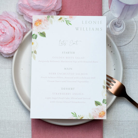 Pink peony wedding menu with guest name